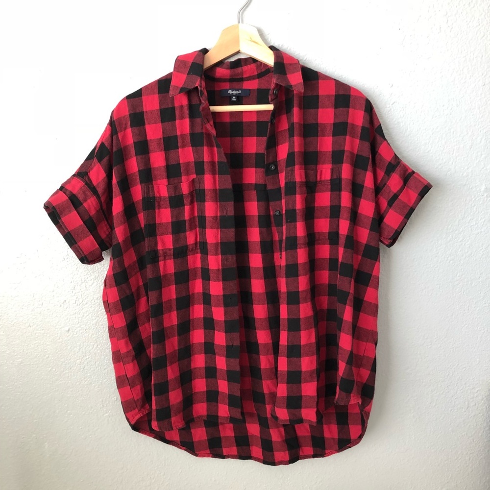 Madewell Red Checkered Short Sleeve Button Down